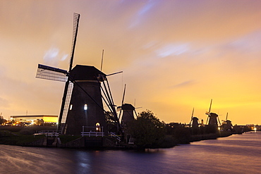 Silhouette of traditional windmills, Netherlands, South Holland, Kinderdijk