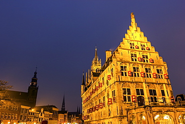 Town square with gothic town hall, Netherlands, South Holland, Gouda, Gouda Market Square, gothic, City Hall
