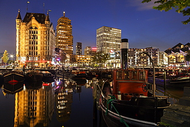 Old Harbor skyline illuminated at dawn, Netherlands, South Holland, Rotterdam, Old Harbor