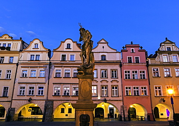 Statues and facades of old town houses, Poland, Dolnoslaskie, Jelenia Gora, Old Town