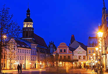 Altmarkt and St. Nikolai Church illuminated at night, Germany, Brandenburg, Cottbus, Altmarkt,St. Nikolai Church