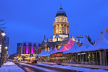 Christmas Market and illuminated steeple of French Cathedral, Germany, Berlin