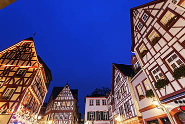 Illuminated half-timbered houses, Germany, Rhineland-Palatinate, Mainz, Old Town