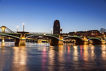 Ignatz-Bubis Bridge illuminated at dusk, Germany, Hesse, Frankfurt, Ignatz-Bubis Bridge