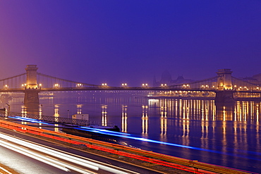 Illuminated Chain Bridge and light trails, Hungary, Budapest, Chain bridge