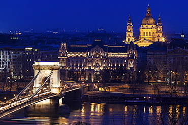 Illuminated cityscape with Chain Bridge and Saint Stephen's Basilica, Hungary, Budapest, Chain bridge, Saint Stephen's Basilica