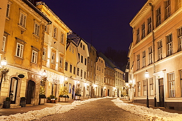 Illuminated old town street, Slovenia, Ljubljana