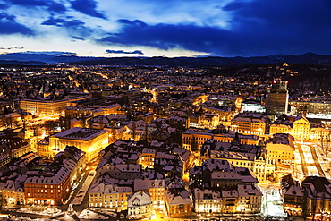 Illuminated cityscape at dusk, Slovenia, Ljubljana