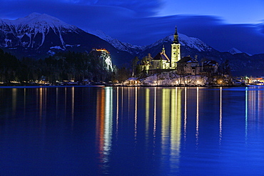 Lake Bled and illuminated Church of the Assumption, Slovenia, Bled, Church on the Lake,Church of the Assumption