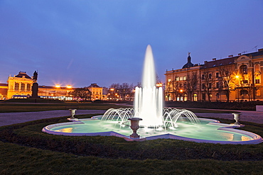 Illuminated fountain at night, Croatia, Zagreb, railway station, fountain,King Tomislav Square