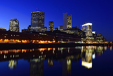 Financial district at night, USA, Massachusetts, Boston, Fort Point Channel