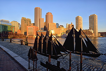 Financial district at sunrise from Fan Pier, USA, Massachusetts, Boston, Fan Pier