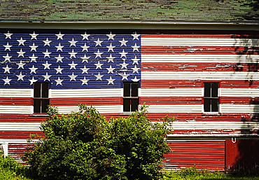 American flag painted on facade of barn, USA, Maine, Knox