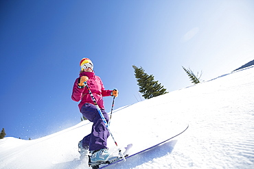 Woman skiing downhill, USA, Montana, Whitefish