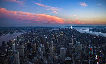 Aerial view of downtown district at sunset, USA, New York, New York City