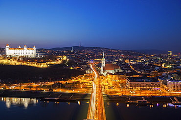 Slovakia, Bratislava, Cityscape at dusk