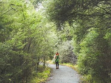 Australia, New South Wales, Katoomba, Young woman standing on empty road in forest