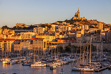 France, Provence-Alpes-Cote d'Azur, Marseille, Notre-Dame de la Garde above Vieux port - Old Port