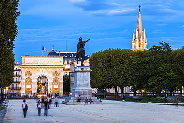 France, Occitanie, Montpellier, Porte du Peyrou and St. Anne Church at dusk