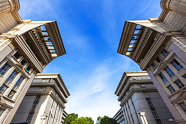 France, Occitanie, Montpellier, Low angle view of modern architecture of Quartier Antigone