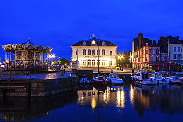 France, Normandy, Honfleur, Town hall with port at dusk