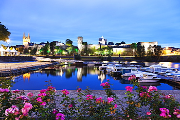 France, Pays de la Loire, Angers, Harbor by Chateau d'Angers at dusk