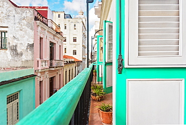 Cuba, Havana, Building terrace with turquoise doors