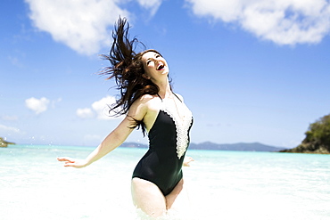 USA, Virgin Islands, Saint Thomas, Beautiful woman having fun on summer vacations