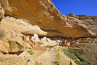 USA, Colorado, Long House pueblo ruin under cliff in Mesa Verde National Park