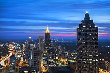 USA, Georgia, Atlanta, Cityscape with skyscrapers at dawn