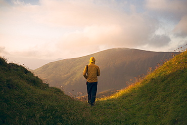 Rear view of man hiking in the Carpathian Mountain Range