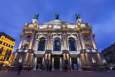 Low angle view of Lviv Theatre of Opera and Ballet at sunset in Lviv, Ukraine