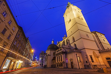 Low angle view of Latin Cathedral at night in Lviv, Ukraine