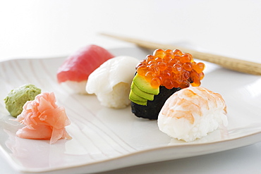 Close up of assorted sushi on plate 