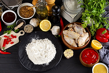 Raw ingredients including vegetables and flour