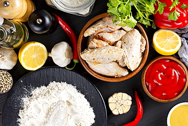 Raw ingredients including vegetables and flour