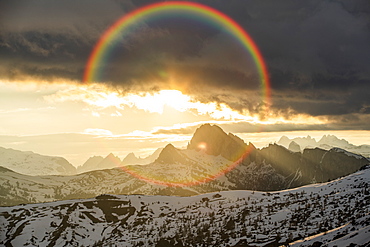 Mountain landscape at sunset in Dolomites, Passo Giau, Belluno, Italy