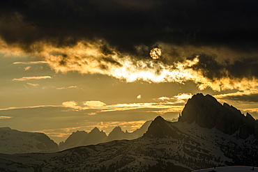 Mountain landscape at sunset in Dolomites, Passo Giau, Belluno, Italy