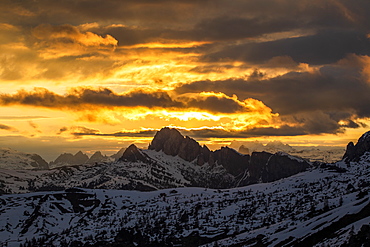 Mountain landscape at sunset in Dolomites, Passo Giau, Belluno, Italy