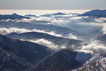 Fog over forest covered mountains in Piedmont, Italy