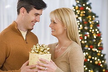 Couple holding Christmas gift