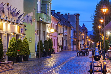 Cannon on street at sunset in Sibiu, Romania