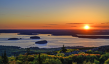 Islands in Frenchman Bay at sunrise in Acadia National Park, USA