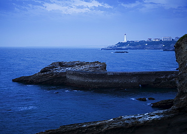 Scenic view of cliffs and lighthouse, Biarritz, France