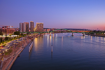 City skyline by Sava River at sunset in Belgrade, Serbia