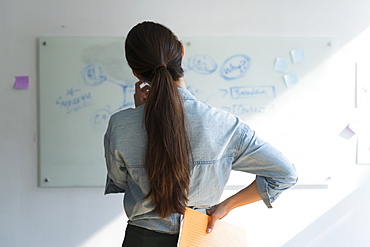 Businesswoman thinking in front of whiteboard