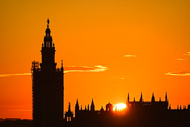 Giralda bell tower at sunset in Seville, Spain