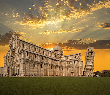 Leaning Tower of Pisa and Piazza dei Miracoli at sunset in Tuscany, Italy