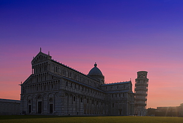 Leaning Tower of Pisa and Piazza dei Miracoli at sunset in Tuscany, Italy