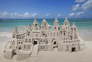 Sand castle on beach, Miami Beach, Florida, Usa